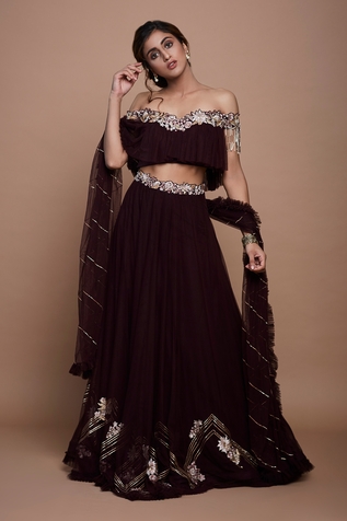 Vyasa by Urvi Floral Embroidered Hem Lehenga & Off Shoulder Top Set