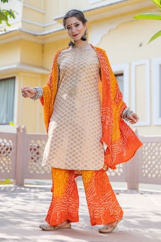 Banarasi Straight Kurta Bandhani Palazzo Set 