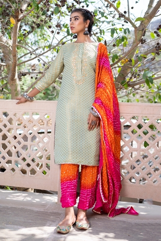 The Home Affair Straight Banarasi Kurta Bandhani Palazzo Set