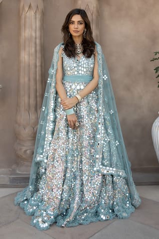 Abhinav Mishra Floral Mirror Embroidered Anarkali With Dupatta 