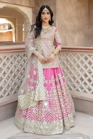 Abhinav Mishra Chanderi Mirror Embroidered Lehenga & Kurta Set 