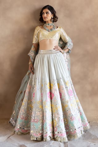 Abhinav Mishra Flower Bouquet Embroidered Bridal Lehenga Set 