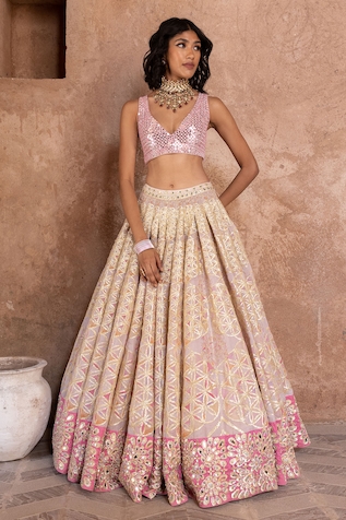 Abhinav Mishra Chanderi Hand Embroidered Bridal Lehenga Set