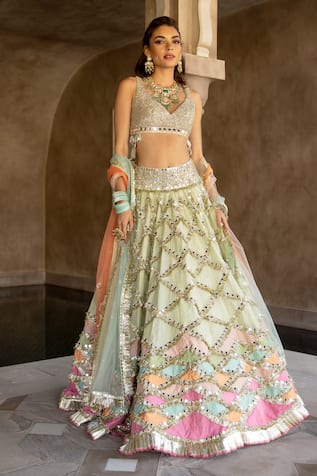 Abhinav Mishra Colorblock Mirror Work Lehenga Set 