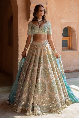 Abhinav Mishra Chanderi Mirror & Resham Work Bridal Lehenga Set