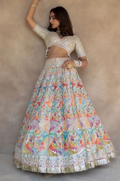 Abhinav Mishra Embroidered & Geometric Print Lehenga Set