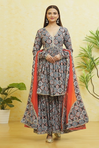 Nayaab by Aleezeh Hand Block Print Kurta Sharara Set