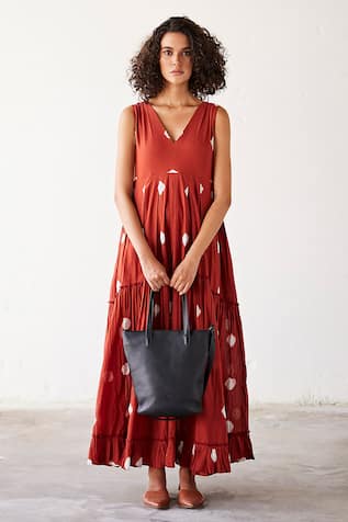 Kharakapas Earthen Hues Shibori Tie-Dyed Tiered Dress 