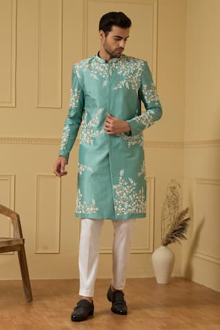 Pastel Olive Blue Cut Dana Sherwani Set For Kids