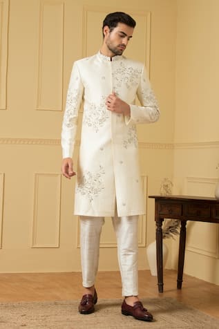 White Hand Embroidered Dupion Silk Sherwani For Kids