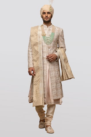 Chanderi Silk Embroidered Sherwani Set 