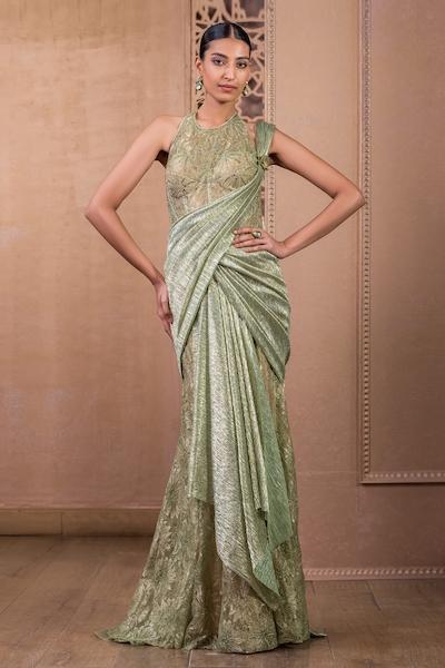 Tarun Tahiliani Sculpted Crystal Embroidered Concept Saree Gown