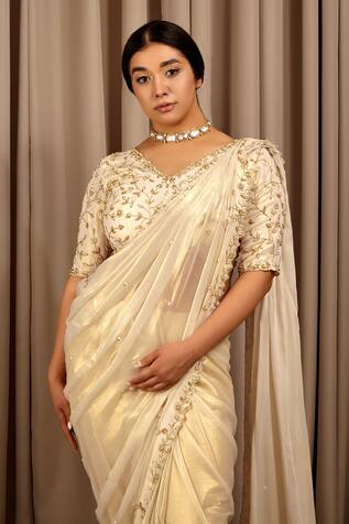 Buy Off White Shimmer Gorgette Embroidery Pearls V Neck Saree Set