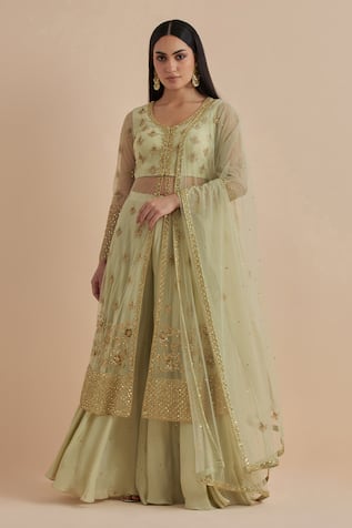 Sequin Leaf Hand Embroidered Kurta Flared Pant Set 