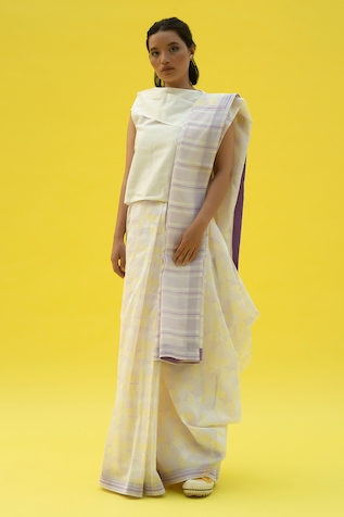 Meesa Chanderi Lotus Block Print Saree & Blouse Set