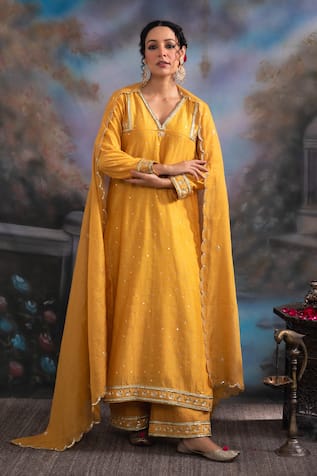 Meesa Placed Embroidered Moon Pattern Kurta Palazzo Set 