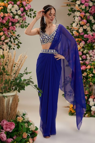 Simplistic Blue And Cream Color Half N Half Wedding Saree