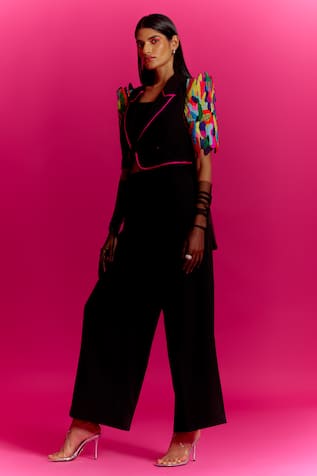 Contrast Embroidered Sleeve Jacket With Trouser 