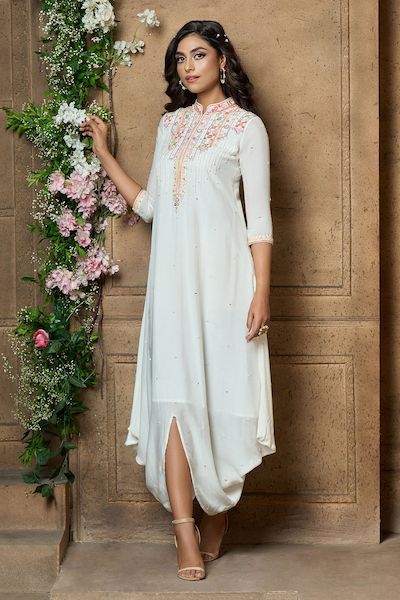 Aariyana Couture Cotton Silk Yoke Embroidered Draped Tunic