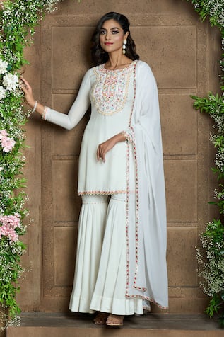 Aariyana Couture Cotton Silk Embroidered Kurta Sharara Set 