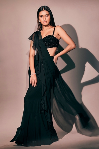 Pritika Vora Border Embroidered Pre-Draped Ruffle Saree With Blouse