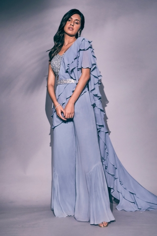 Pritika Vora Pre-Draped Ruffle Pant Saree With Embroidered Blouse