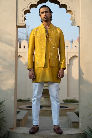 Kaaj Button x AZA Chanderi Silk Bundi & Kurta Set 