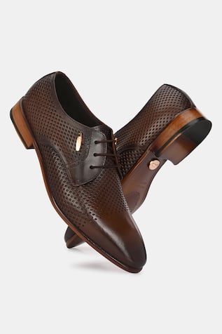 Lafattio Textured Brown Leather Lace-Up Shoes 