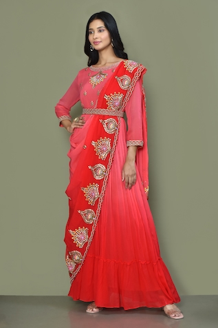 Khwaab by Sanjana Lakhani Embroidered Draped Gown With Belt