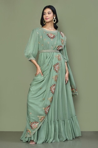 Khwaab by Sanjana Lakhani Draped Embroidered Gown with Belt