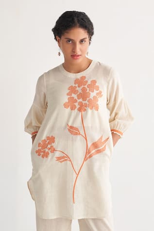 Flower Stitch Embroidered Long Top 