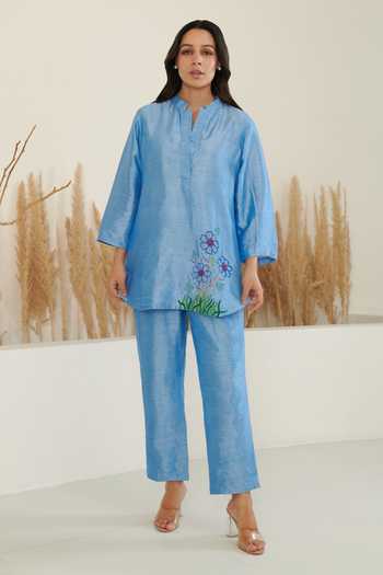 Label Flamingo By Vrinda Silk Placement Flower Embroidered Shirt With Pant 
