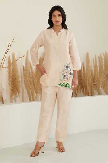 Label Flamingo By Vrinda Silk Placement Floral Bloom Embroidered Shirt With Pant 