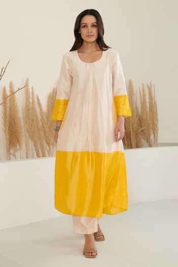 Label Flamingo By Vrinda Silk Color Block A-Line Kurta With Pant 