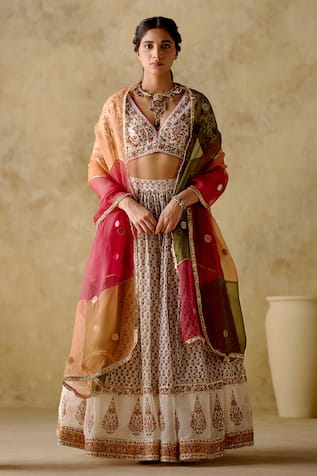 VARUN CHHABRA Chanderi Silk Hand Block Printed Lehenga Set 