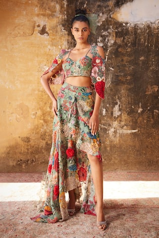 Varun Bahl Floral Print Corset Top With Asymmetric Skirt 