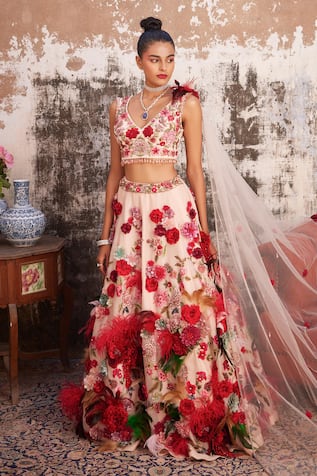 Varun Bahl Hand Made Floral Corsage Embroidered Bridal Lehenga Set 