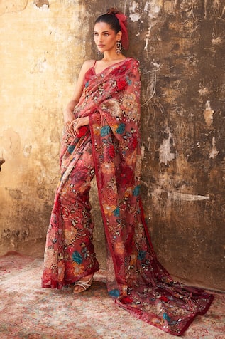 Varun Bahl Floral Print Saree With Bralette 