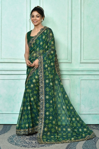 Buy Green Saree Silk Organza Printed Floral Gota Work With Blouse For Women  by Ruhr India Online at Aza Fashions.