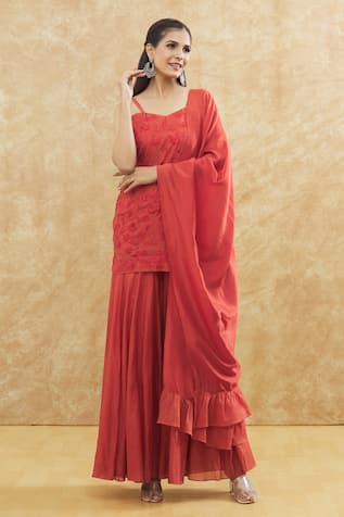 House Of TA-YA Red Floral Embroidered Kurta Set 