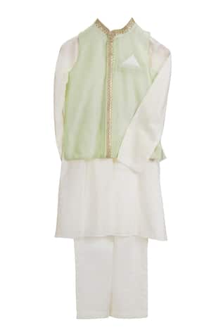 Mint Embroidered Bundi & Kurta Set 