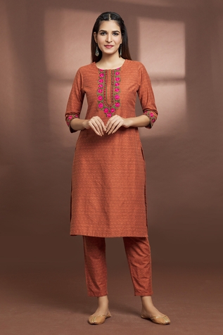 Adara Khan Cotton Embroidered Straight Kurta & Pant Set