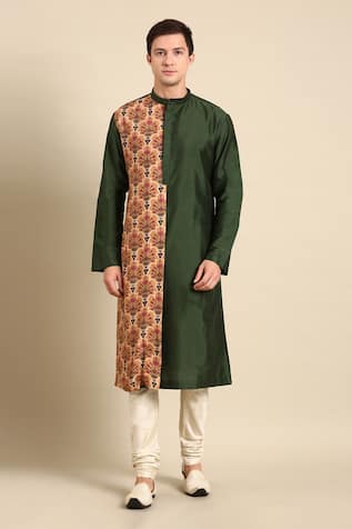 Colorblock Flower Print Kurta Set For Kids