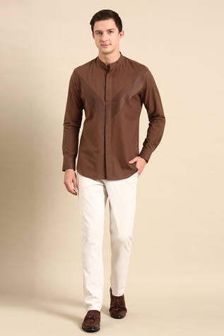 Mayank Modi - Men Mandarin Collar Panelled Shirt