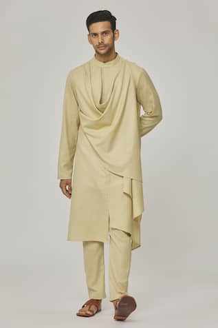 Beige Cotton Gathered Kurta & Pyjama Set For Kids