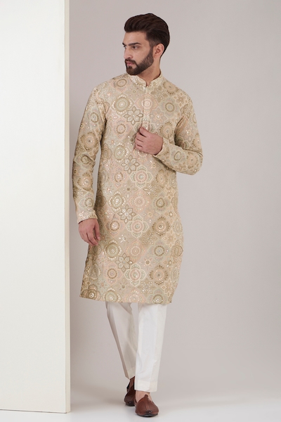 Buy Beige Linen Embroidered Folk Art Shirt For Men by Ekam By Manish Online  at Aza Fashions.