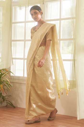Five Point Five Chanderi Cotton Striped Saree With Running Blouse 