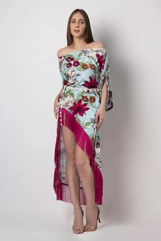 House Of Varada Floral Print Off Shoulder Dress With Belt 