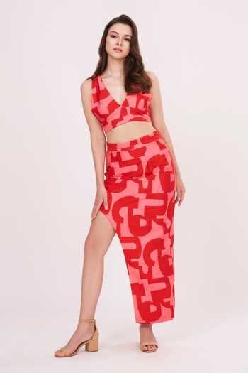 House Of Varada Abstract Printed Top & Side-Slit Skirt Set 