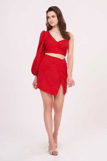 House Of Varada Red One Shoulder Top & Front Slit Skirt Set 